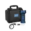 Olight blue Marauder Mini 2 flashlight with carrying case, charger, and lanyard for professional illumination.