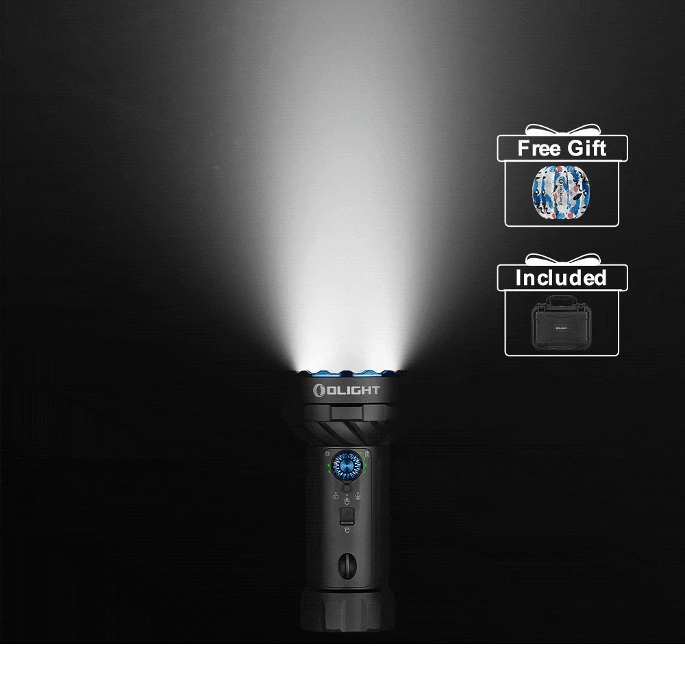 Olight Marauder Mini 2 flashlight in black with carrying case and charging cable for outdoor adventures