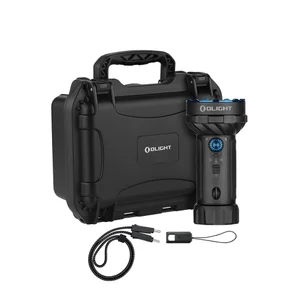 Olight Marauder Mini 2 flashlight in black with carrying case and charging cable for outdoor adventures
