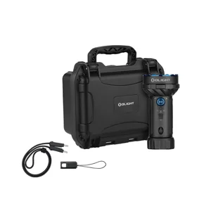Olight Marauder Mini 2 flashlight in black with carrying case and charging cable for outdoor adventures