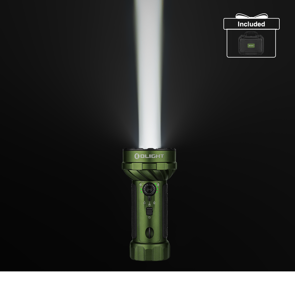 Green Olight Marauder Mini 2 Flashlight emitting a bright white beam with included protective carrying case for outdoor search