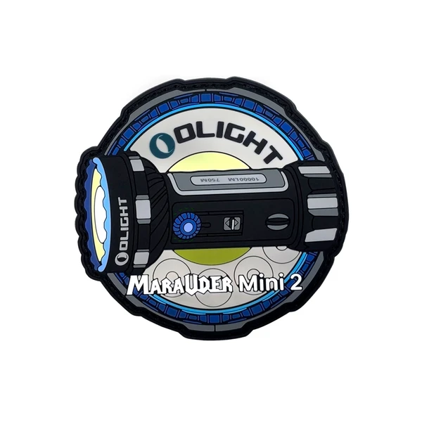 Olight Marauder Mini 2 flashlight PVC patch. Round, black and blue, 10000LM 750M specifications.