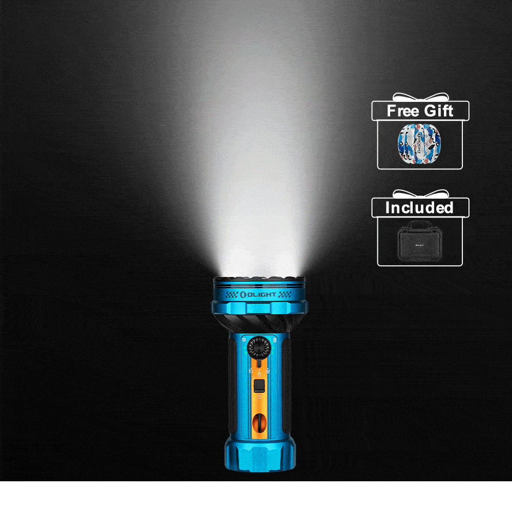 Olight Blue Marauder Mini 2 Front View with Adjustable Rotary Switch and Tactical Grip for Outdoor Exploration