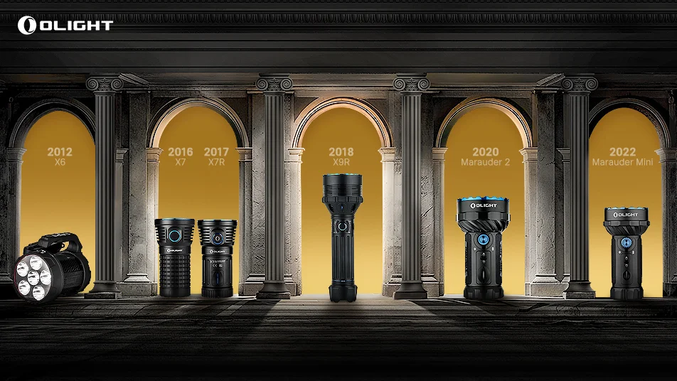 Olight flashlight evolution: X6, X7, X7R, X9R, Marauder 2, Marauder Mini models (2012-2022)