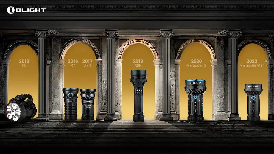 Olight flashlight evolution: X6, X7, X7R, X9R, Marauder 2, Marauder Mini models (2012-2022)