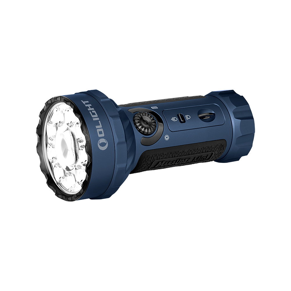 Olight Marauder Mini powerful blue rechargeable LED flashlight with multi-LED head isolated on white background