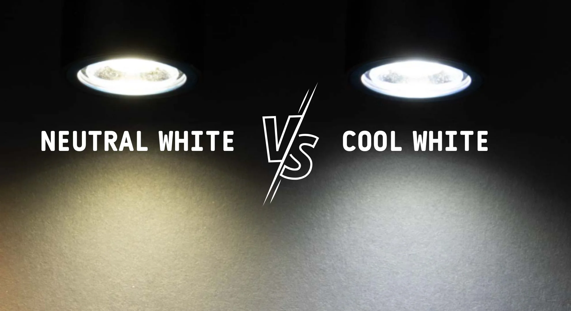 Neutral white vs cool white lighting comparison showing different light temperatures on a wall.