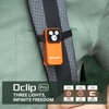 Olight Orange Oclip Pro Clip Light attached to a backpack strap for hands-free illumination during outdoor activities.