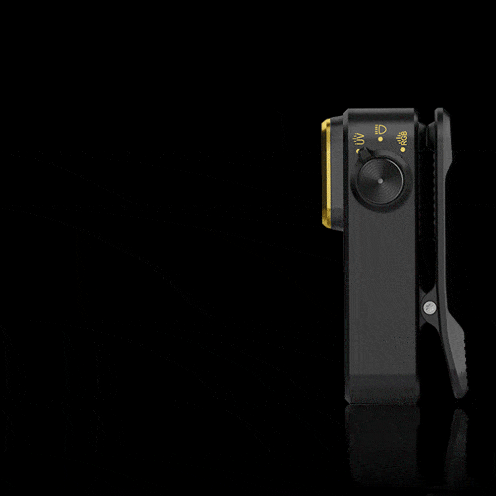 Olight Black Oclip Pro Clip-on Light Side View showing Rotary Switch for White UV and RGB Modes for Everyday Carry