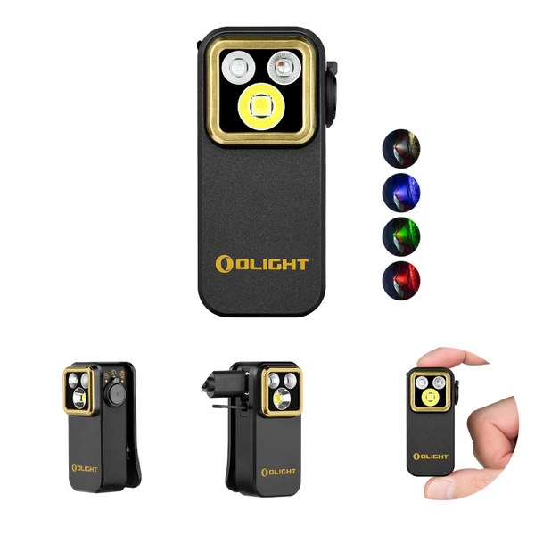 Olight Black Oclip Pro with gold bezel, a versatile clip-on EDC light for everyday carry, hands-free lighting.