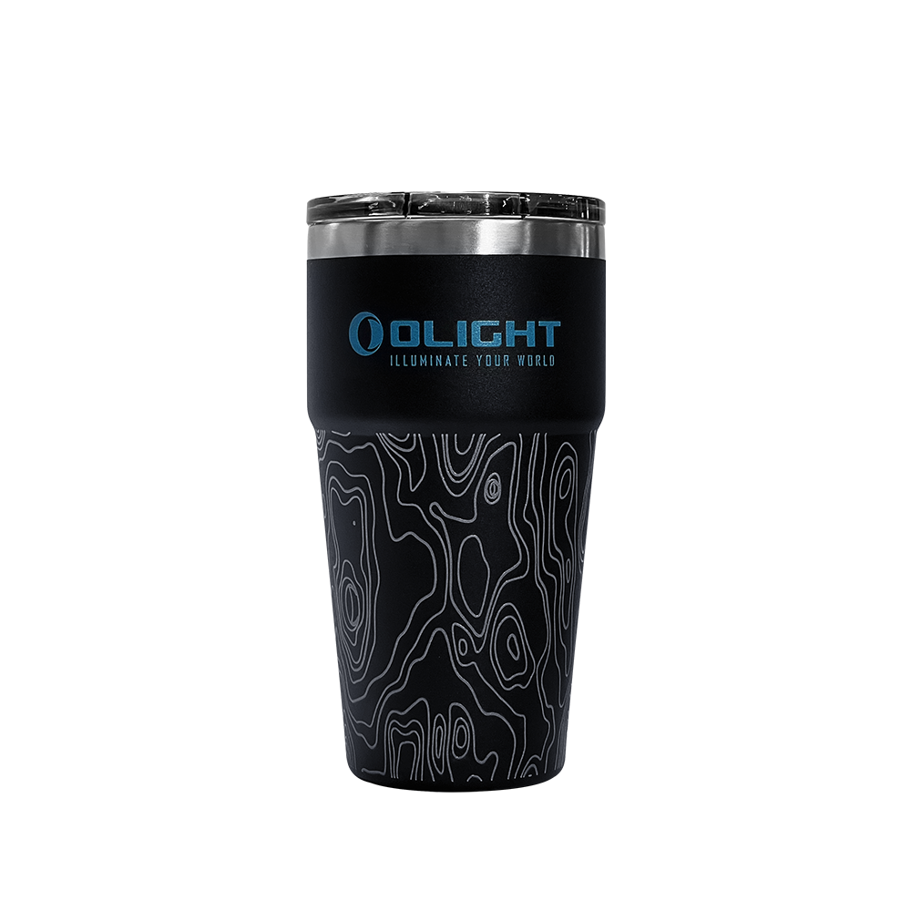 Olight black insulated travel tumbler with silver topographic map pattern and blue logo design