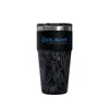 Olight black insulated travel tumbler with silver topographic map pattern and blue logo design