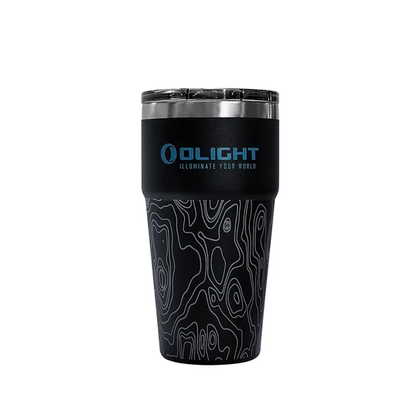 Olight black insulated travel tumbler with silver topographic map pattern and blue logo design