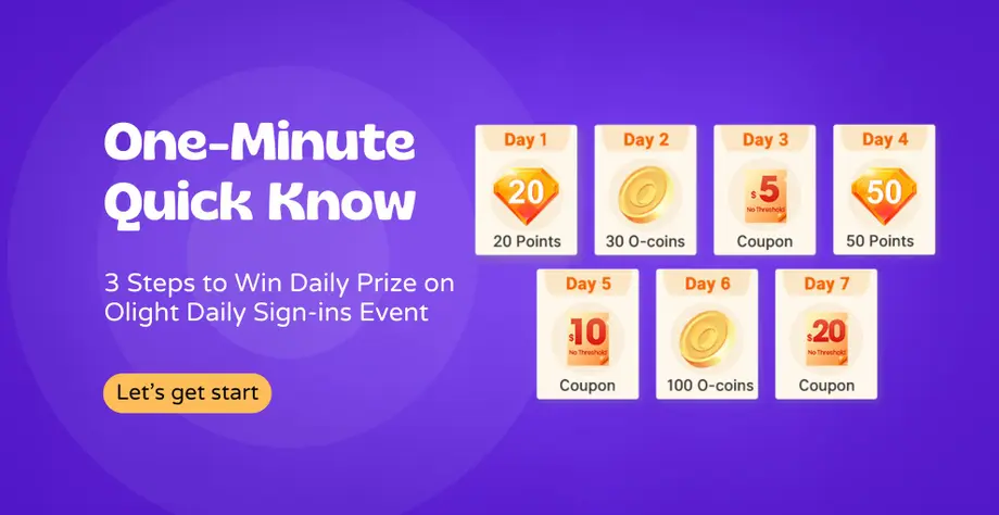 Olight daily sign-in event with prizes including points, O-coins, and coupons shown for each day of the week.