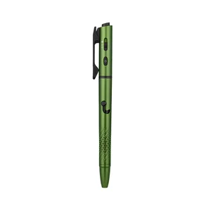 Olight Green Open 3 Penlight vertical view with textured grip pocket clip and integrated flashlight button for EDC use