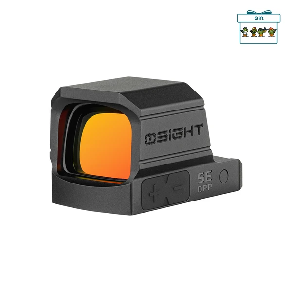 Olight Osight red dot sight with orange reflective lens on a white background
