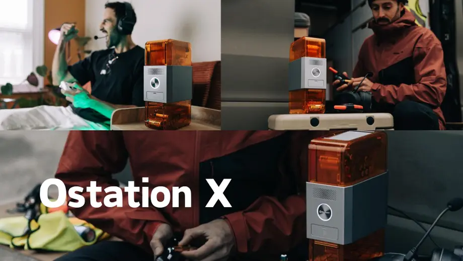 Collage showcasing Ostation X device with users in various settings, highlighting gaming and outdoor usage.