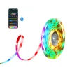 Coiled RGB LED light strip with Bluetooth app control, showing various color options and modes.