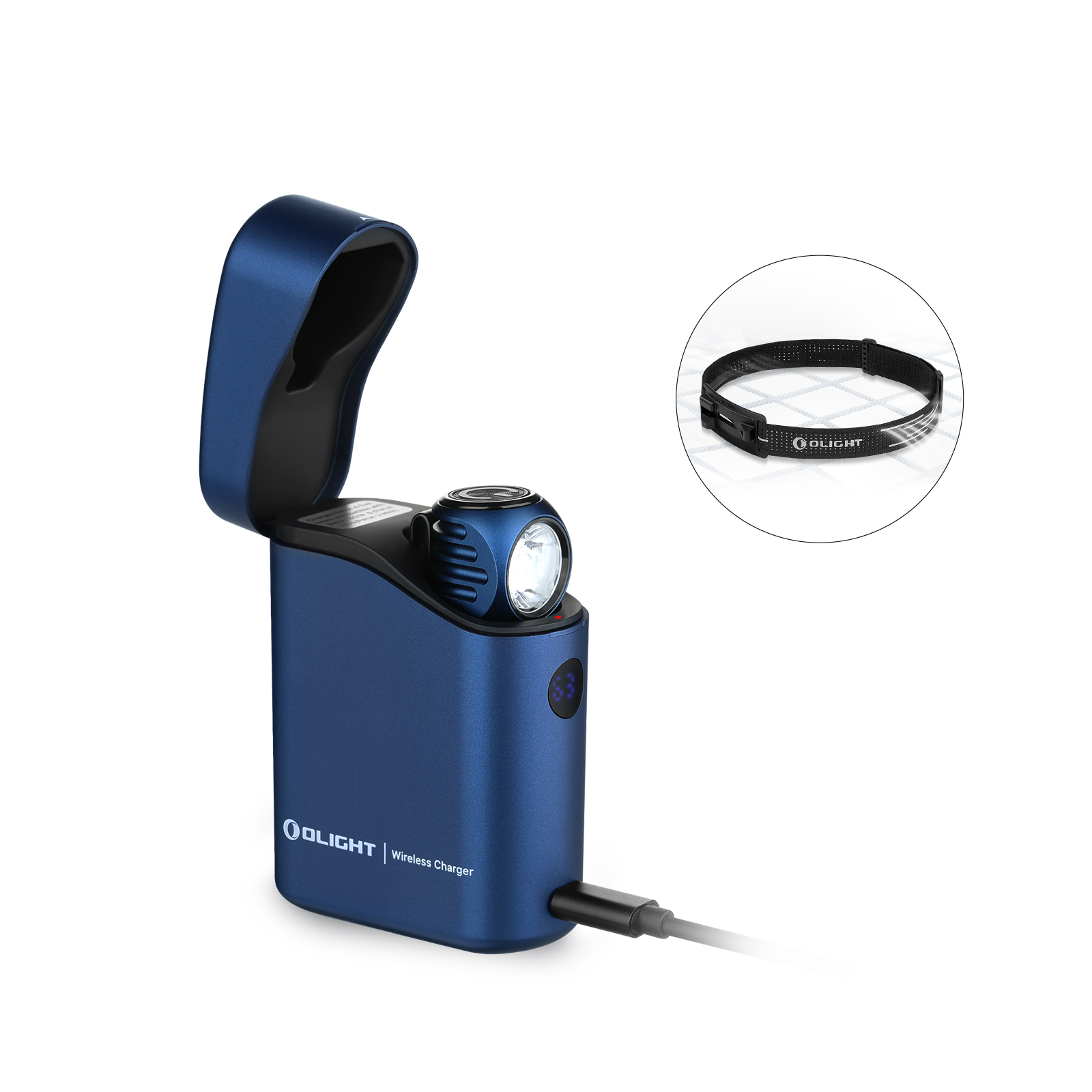 Olight Perun 3 Mini Headlamp in Blue Wireless Charger with Headband for Hands-Free Illumination and Recharging