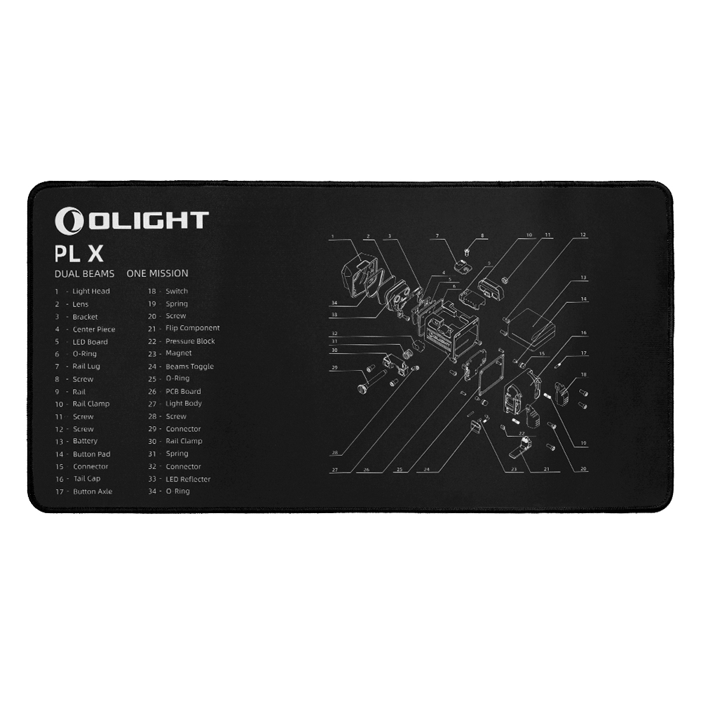 Olight PL X dual beams tactical flashlight blueprint cleaning mat with labeled parts diagram on black background