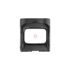 Black reflex sight with illuminated red circle dot reticle isolated on white background