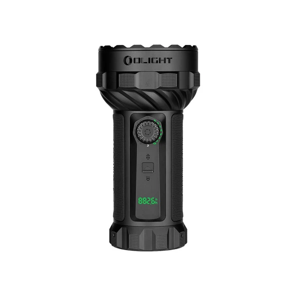 Olight Black Marauder 3 Flashlight Front View with Rotary Knob and Digital Display for Outdoor Search and Rescue
