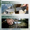 Sharp outdoor knife slicing paracord and carving wood branch showcasing ground edge precision.