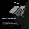 Flush-fit side-loading battery tray design for Osight red dot sight showing mounting screws and battery replacement.
