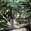Technical specifications infographic for an outdoors survival knife showing DC53 steel blade and G10 handle materials