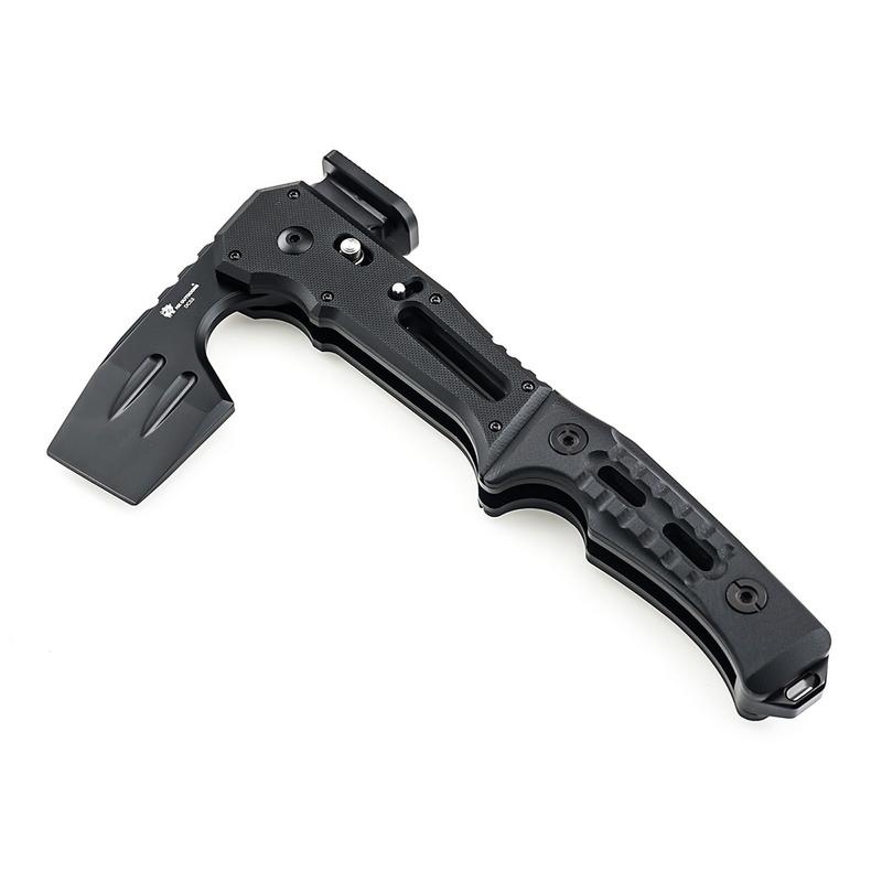 Black tactical folding survival axe with G10 handle on white background