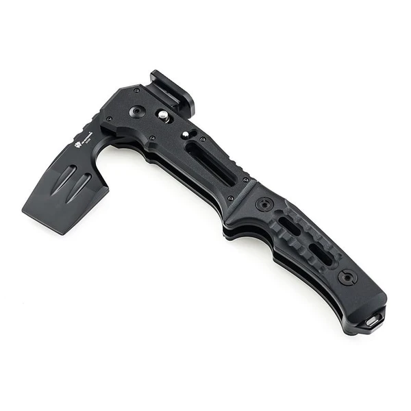 Black tactical folding survival axe with G10 handle on white background