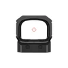 Black reflex sight with illuminated red reticle on white background