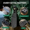 Tactical survival knife in a black Kydex sheath attached to a green outdoor backpack with close-up product details