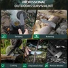 Professional outdoors survival kit showing camping knife used for batoning wood, cooking, chopping, and window breaking