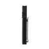 Slim profile of a black textured EDC pocket flashlight featuring a sturdy metal pocket clip on white background