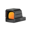 Olight Osight red dot sight with orange tinted lens and black housing isolated on white background