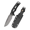 Tactical fixed blade survival knife with black handle and Kydex sheath for outdoor hunting and camping