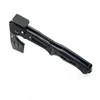 Tactical folding axe pocket knife hybrid in black metal finish isolated on a white background.