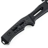 Close-up of a black textured tactical folding knife handle with grooved grip on white background