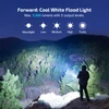 Man on cliff uses 5000 lumen cool white floodlight, illuminating forest, 5 output levels displayed.