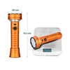 Orange tactical flashlight dimensions of 143mm length and 49mm width beside a scale showing its weight of 269g