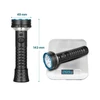 Black flashlight with blue trim, 143mm length, 49mm head diameter, and weighing 269g.