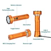 Orange Prowess flashlight features diagram showing LEDs, switches, battery indicator, reverse light and dual charging ports.
