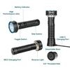 Prowess flashlight with high-performance LEDs, battery indicator, side switch, toggle switch, USB-C, MCC charging port, reverse light, and detachable base with a 1/4" threaded hole.