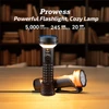 Prowess tactical flashlight and cozy lamp on a wooden table with books blurred in the background
