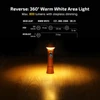 Orange camping lantern flashlight glowing warm white 360-degree light on a wooden table with stepless dimming specs.