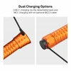 Orange flashlight showcasing dual charging options with a USB-C port and a magnetic MCC3 charging cable.