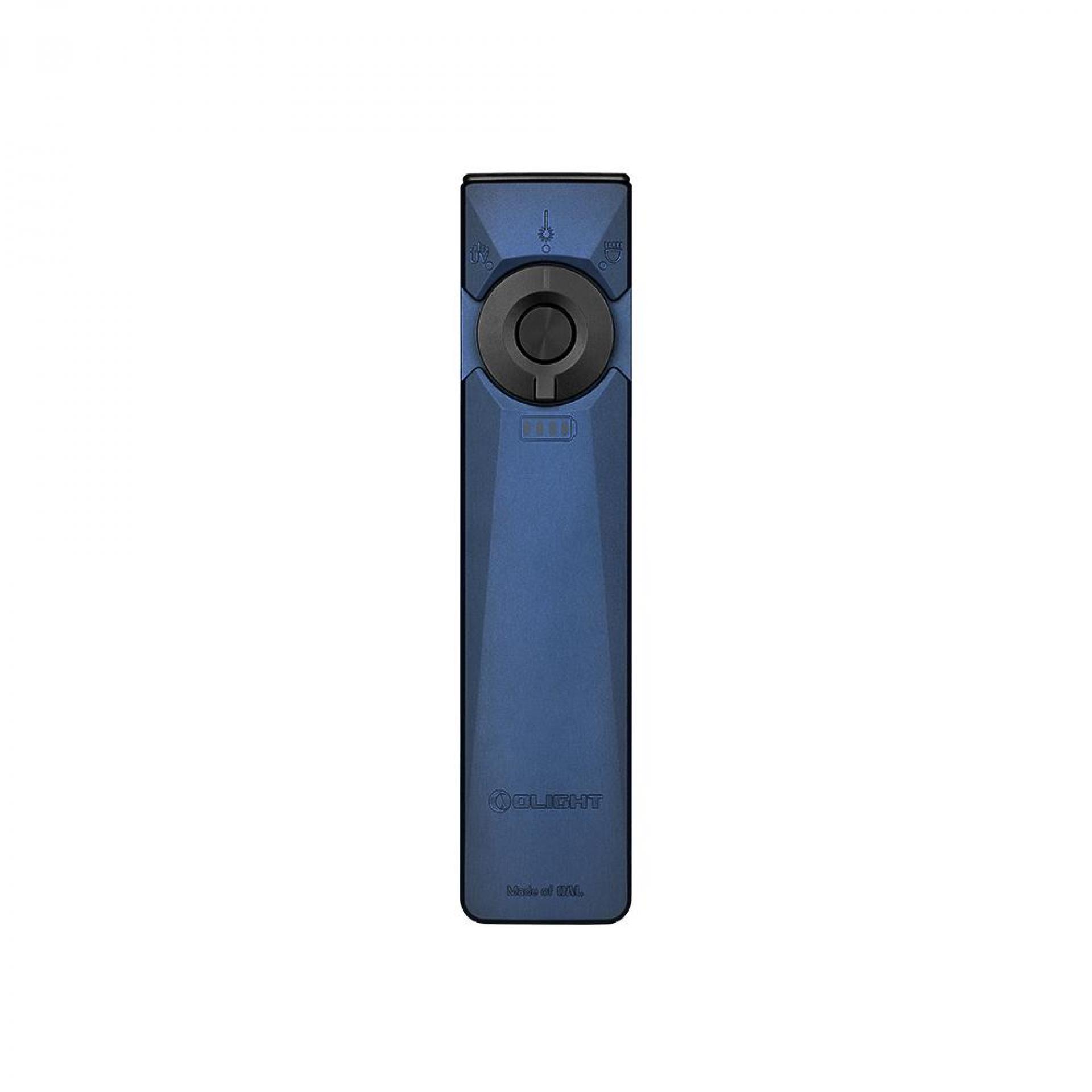 Olight Blue Arkfeld Ultra multi-functional EDC flashlight with UV light, laser, and white light for daily carry.