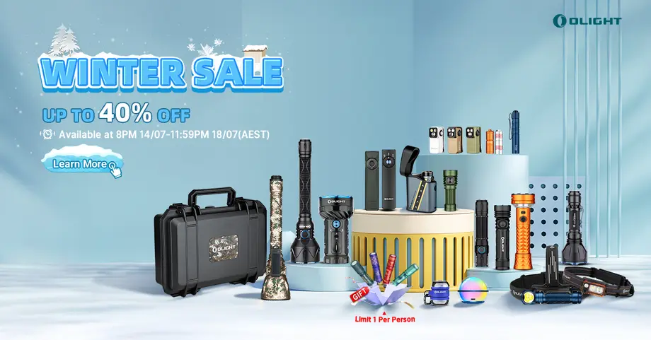 Olight Winter Sale featuring various flashlights, headlamps, and tactical lighting accessories with up to 40% off.