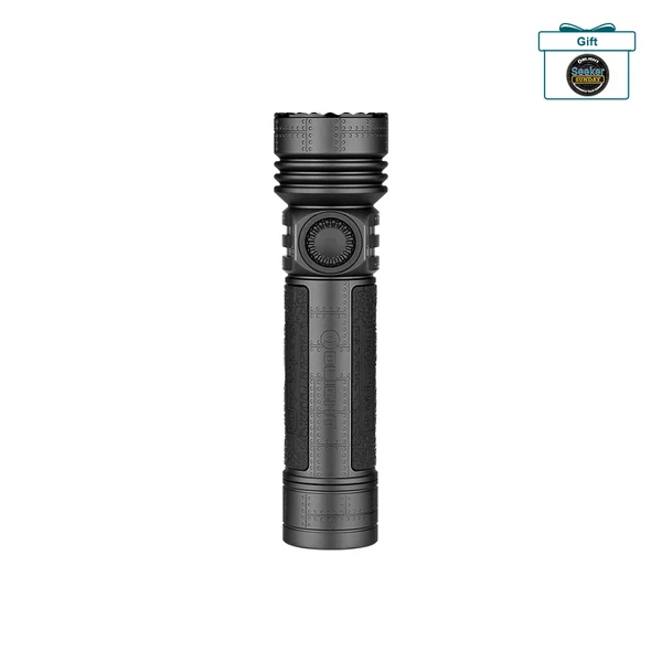 Olight Black Seeker 4 Pro Flashlight Front View with Textured Grip and Rotary Switch for Tactical and Outdoor Use